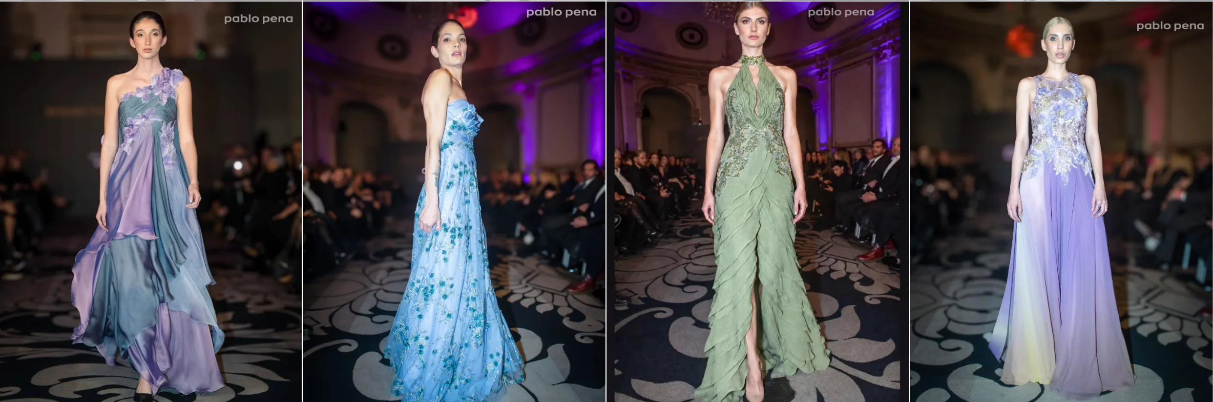 Nicolás Osano abrió el desfile Renato Papiccio Runway 2026 y representó a la alta costura uruguaya 4 Renato Papiccio Runway: cuatro modelos con vestidos de Nicolás Osano, parte de su colección, en el Sofitel Carrasco